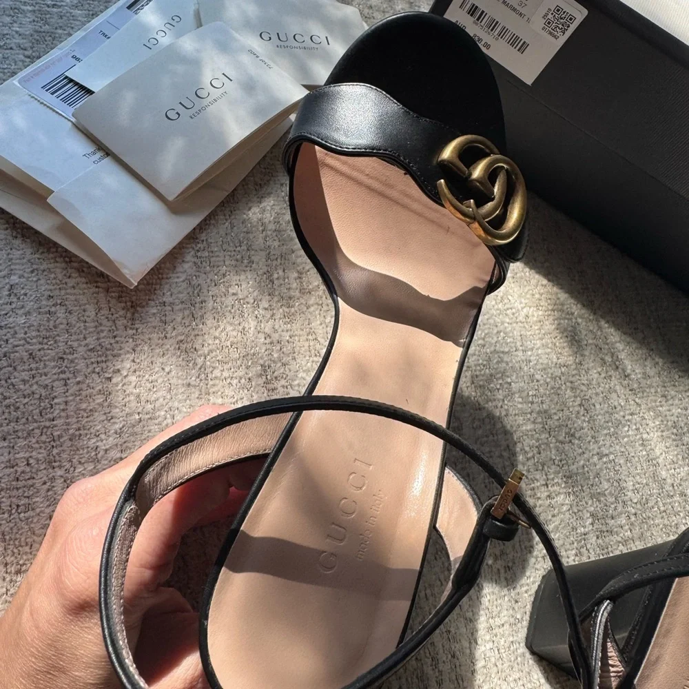 Gucci Black Leather Double G Ankle-Strap Heels